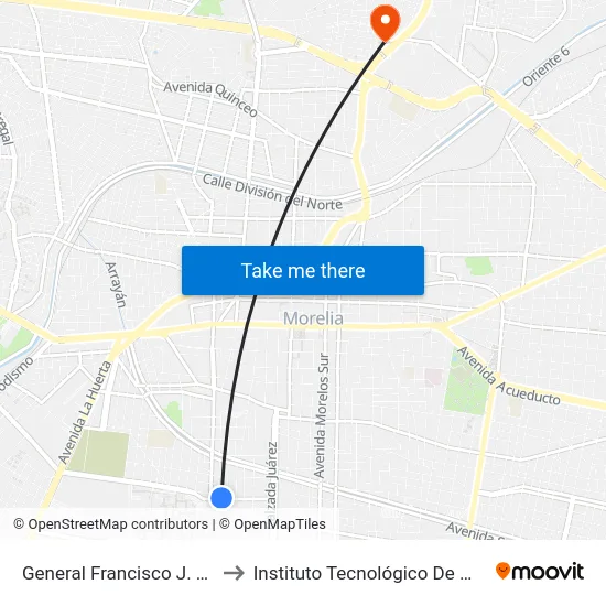 General Francisco J. Múgica, 312_2 to Instituto Tecnológico De Morelia Campus 2 map