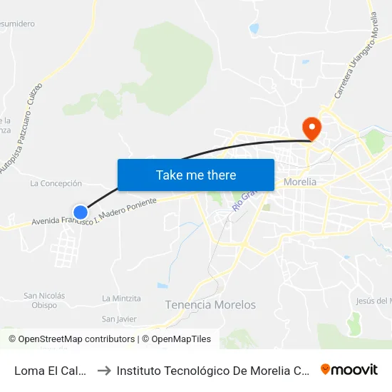Loma El Calvario to Instituto Tecnológico De Morelia Campus 2 map