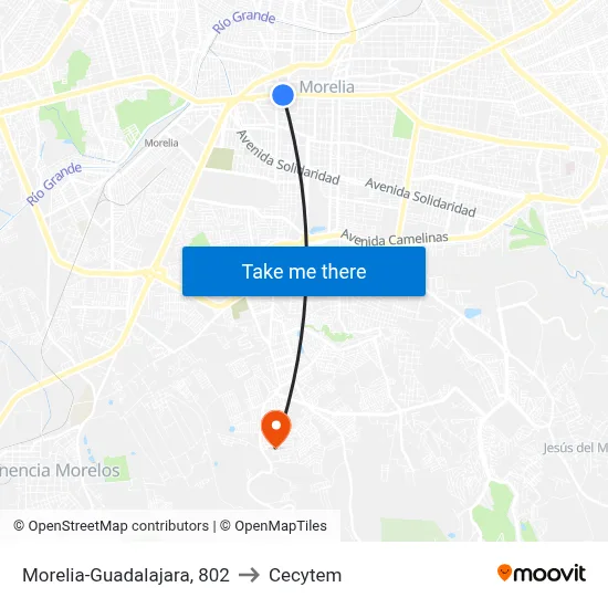 Morelia-Guadalajara, 802 to Cecytem map