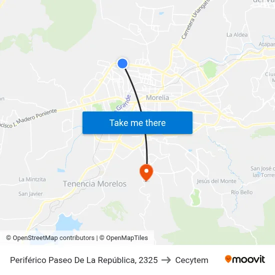 Periférico Paseo De La República, 2325 to Cecytem map