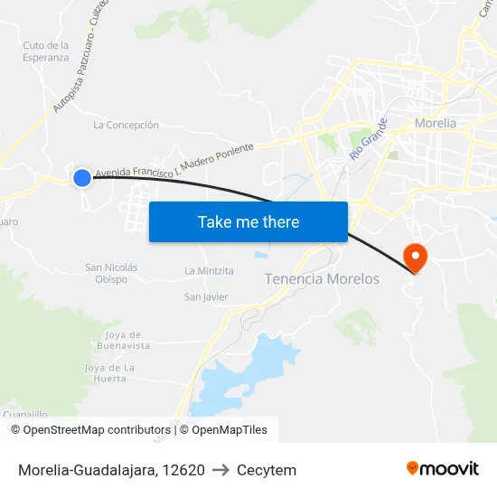 Morelia-Guadalajara, 12620 to Cecytem map