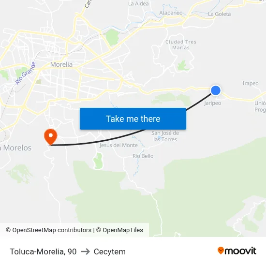 Toluca-Morelia, 90 to Cecytem map