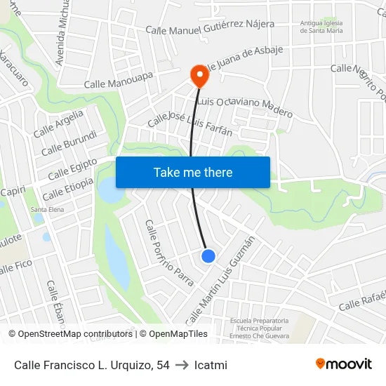 Calle Francisco L. Urquizo, 54 to Icatmi map