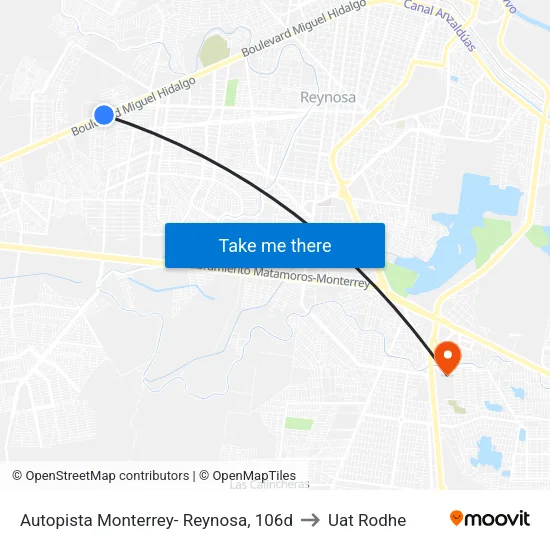 Autopista Monterrey- Reynosa, 106d to Uat Rodhe map