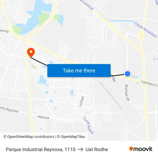 Parque Industrial Reynosa, 1110 to Uat Rodhe map