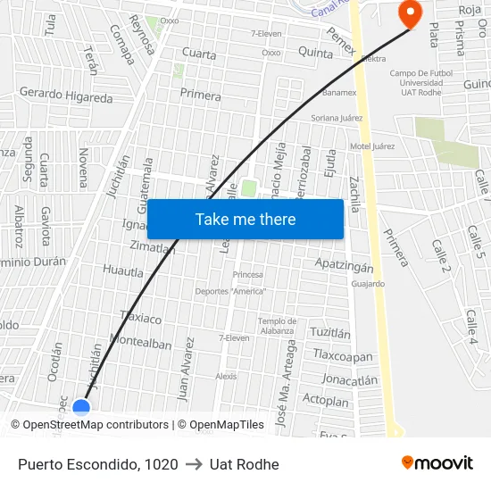 Puerto Escondido, 1020 to Uat Rodhe map