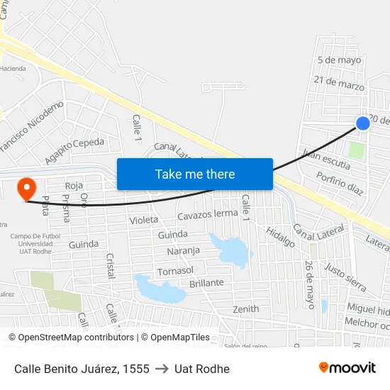 Calle Benito Juárez, 1555 to Uat Rodhe map