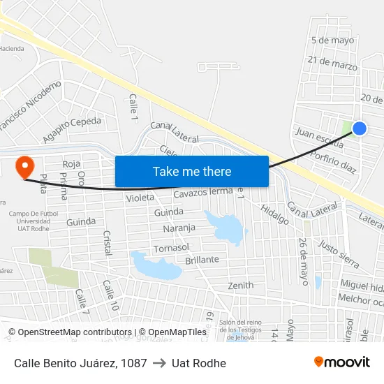 Calle Benito Juárez, 1087 to Uat Rodhe map