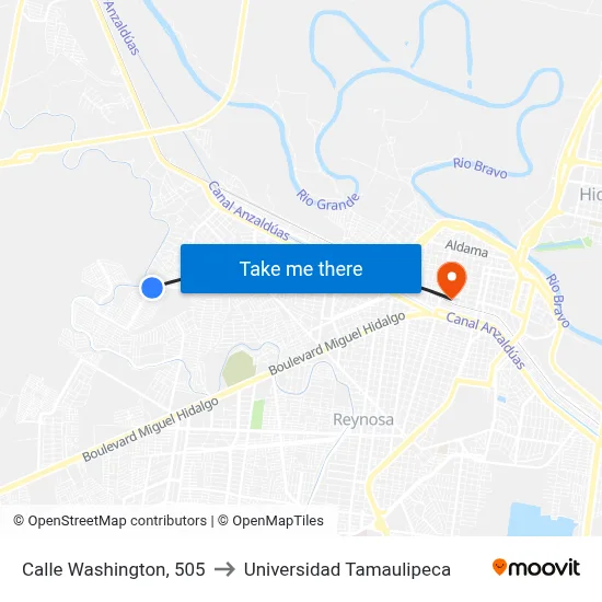 Calle Washington, 505 to Universidad Tamaulipeca map