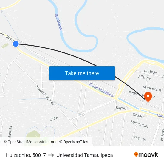 Huizachito, 500_7 to Universidad Tamaulipeca map