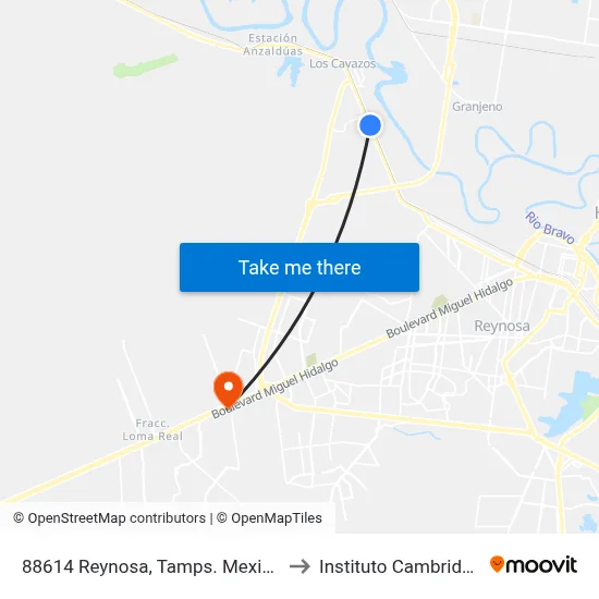 88614 Reynosa, Tamps. Mexico to Instituto Cambridge map