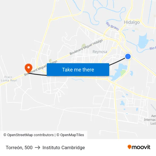 Torreón, 500 to Instituto Cambridge map