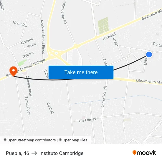 Puebla, 46 to Instituto Cambridge map