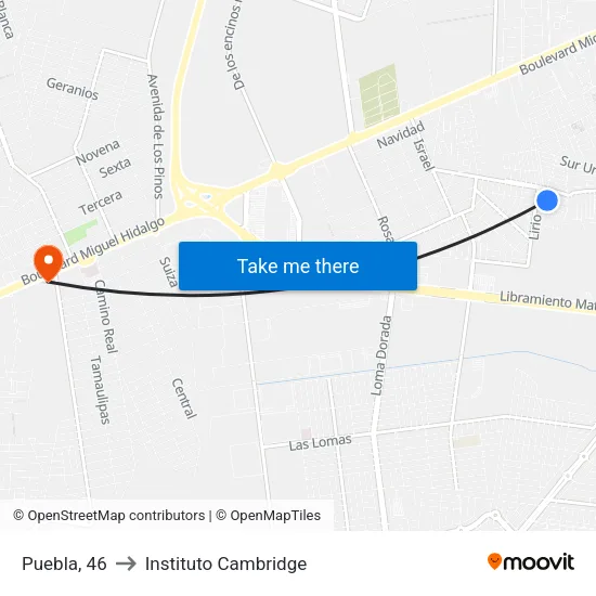 Puebla, 46 to Instituto Cambridge map