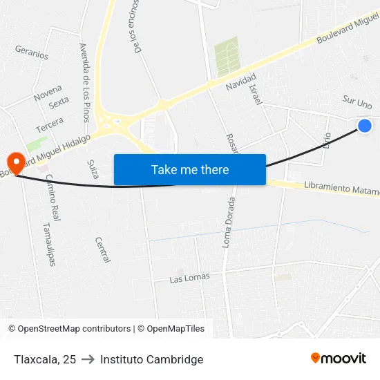 Tlaxcala, 25 to Instituto Cambridge map