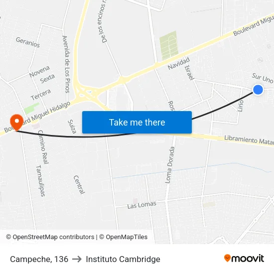 Campeche, 136 to Instituto Cambridge map