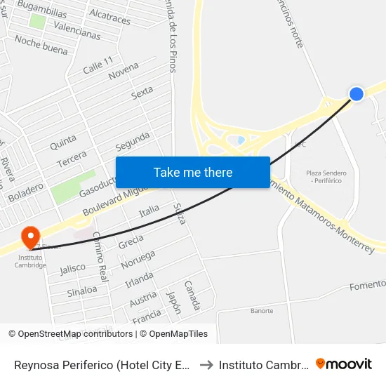 Reynosa Periferico (Hotel City Express) to Instituto Cambridge map