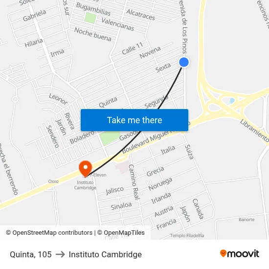 Quinta, 105 to Instituto Cambridge map