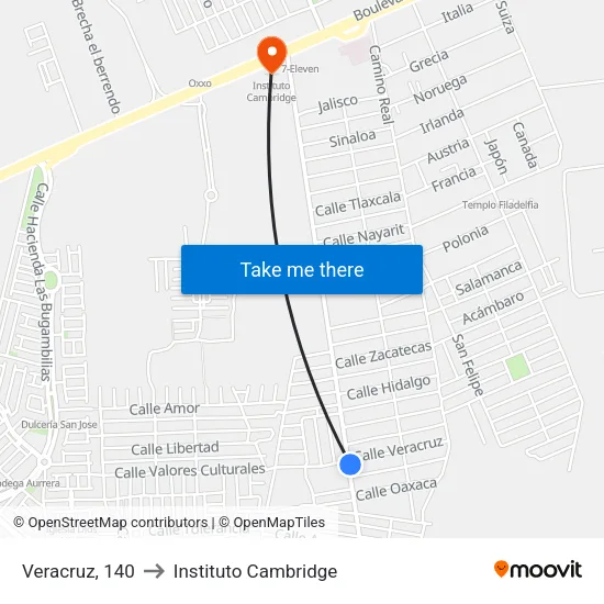 Veracruz, 140 to Instituto Cambridge map