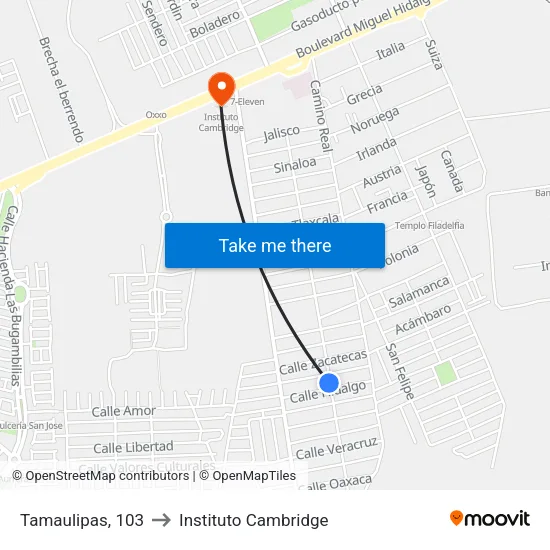 Tamaulipas, 103 to Instituto Cambridge map