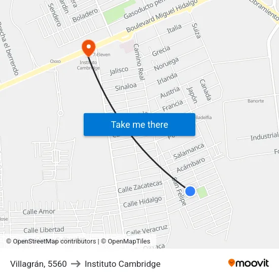 Villagrán, 5560 to Instituto Cambridge map