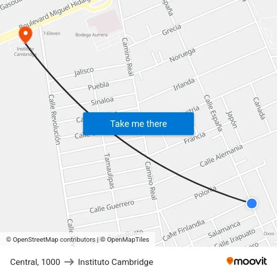 Central, 1000 to Instituto Cambridge map