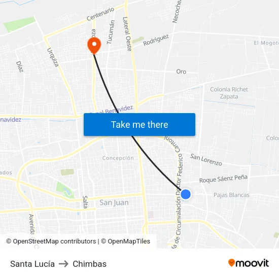 Santa Lucía to Chimbas map
