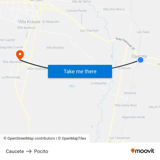 Caucete to Pocito map