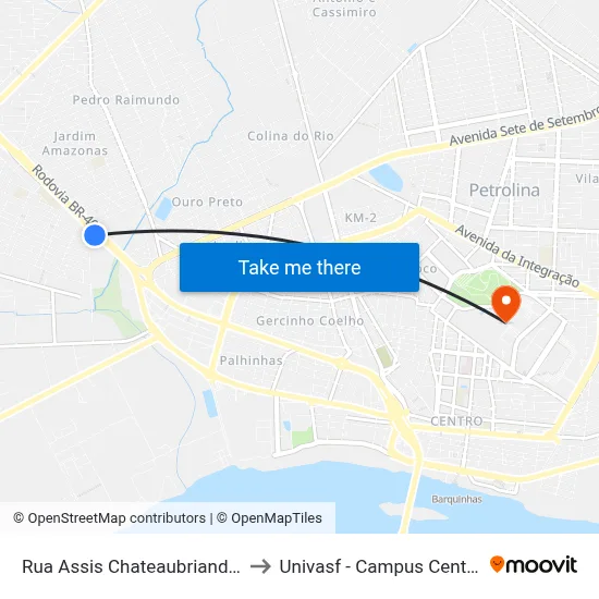 Rua Assis Chateaubriand 1 to Univasf - Campus Centro map