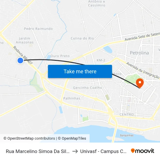 Rua Marcelino Simoa Da Silva 16 to Univasf - Campus Centro map