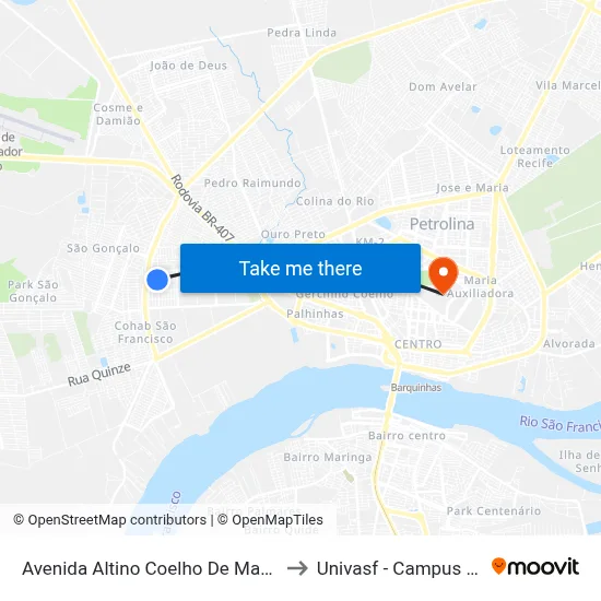 Avenida Altino Coelho De Macedo 385 to Univasf - Campus Centro map