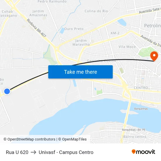Rua U 620 to Univasf - Campus Centro map