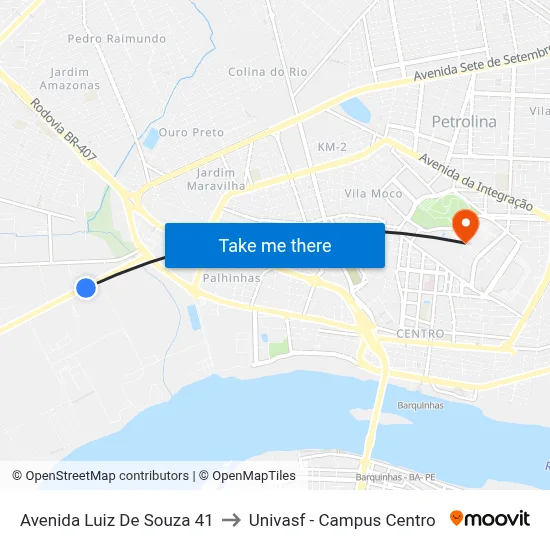 Avenida Luiz De Souza 41 to Univasf - Campus Centro map