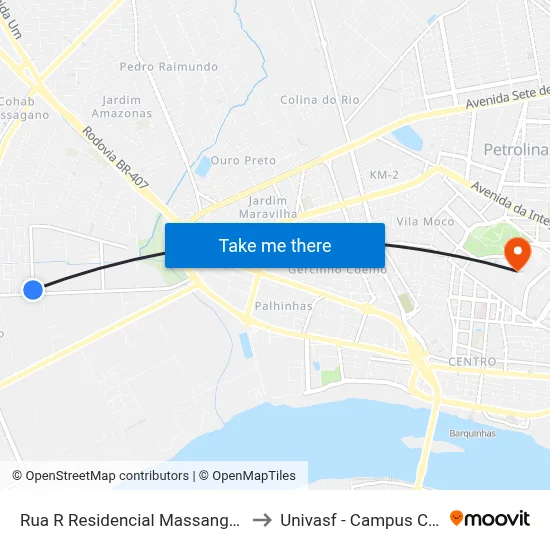 Rua R Residencial Massangano 21 to Univasf - Campus Centro map