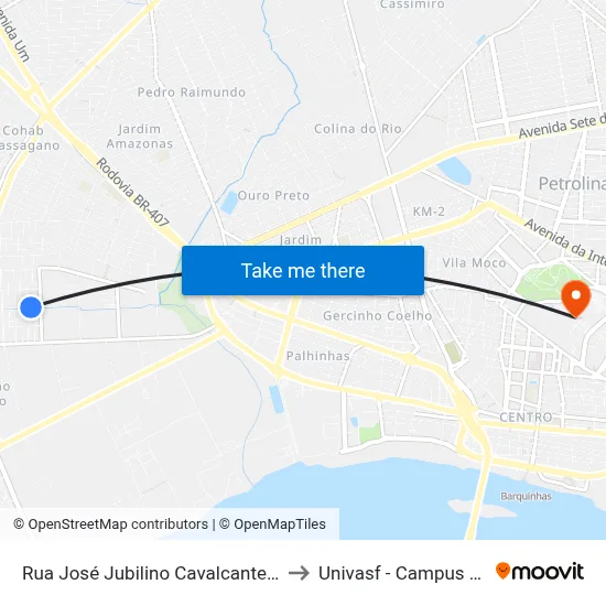 Rua José Jubilino Cavalcante Filho 80 to Univasf - Campus Centro map