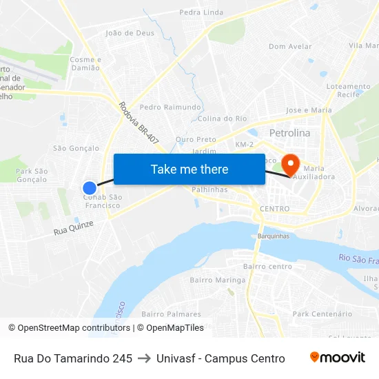 Rua Do Tamarindo 245 to Univasf - Campus Centro map