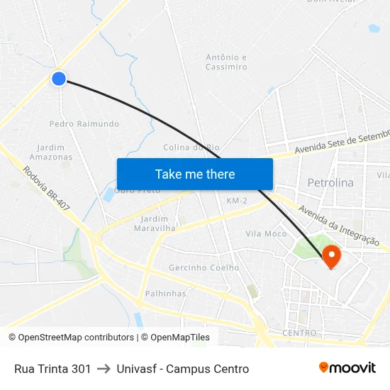 Rua Trinta 301 to Univasf - Campus Centro map