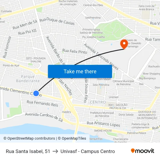 Rua Santa Isabel, 51 to Univasf - Campus Centro map