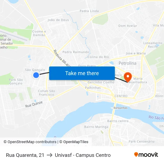 Rua Quarenta, 21 to Univasf - Campus Centro map