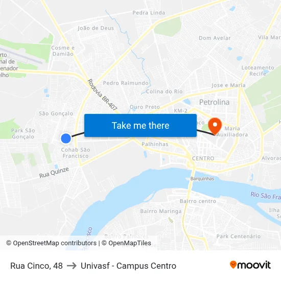 Rua Cinco, 48 to Univasf - Campus Centro map