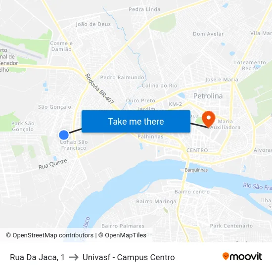 Rua Da Jaca, 1 to Univasf - Campus Centro map