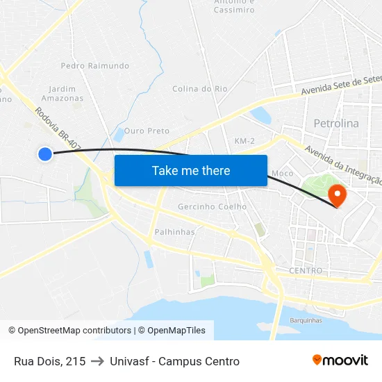 Rua Dois, 215 to Univasf - Campus Centro map