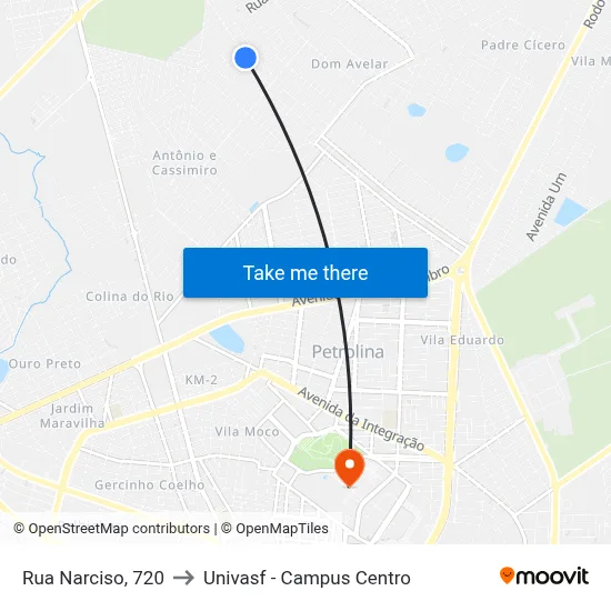Rua Narciso, 720 to Univasf - Campus Centro map