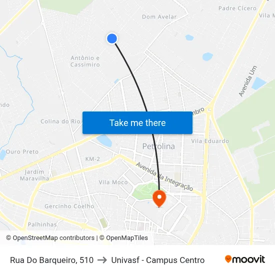 Rua Do Barqueiro, 510 to Univasf - Campus Centro map