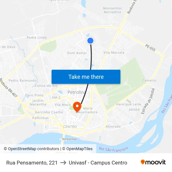Rua Pensamento, 221 to Univasf - Campus Centro map