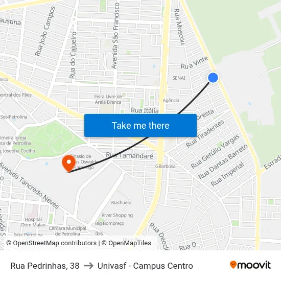 Rua Pedrinhas, 38 to Univasf - Campus Centro map