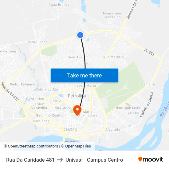 Rua Da Caridade 481 to Univasf - Campus Centro map