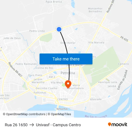 Rua 26 1650 to Univasf - Campus Centro map