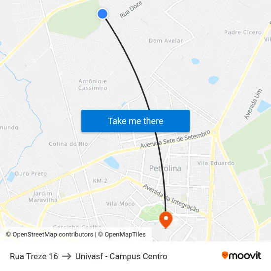 Rua Treze 16 to Univasf - Campus Centro map