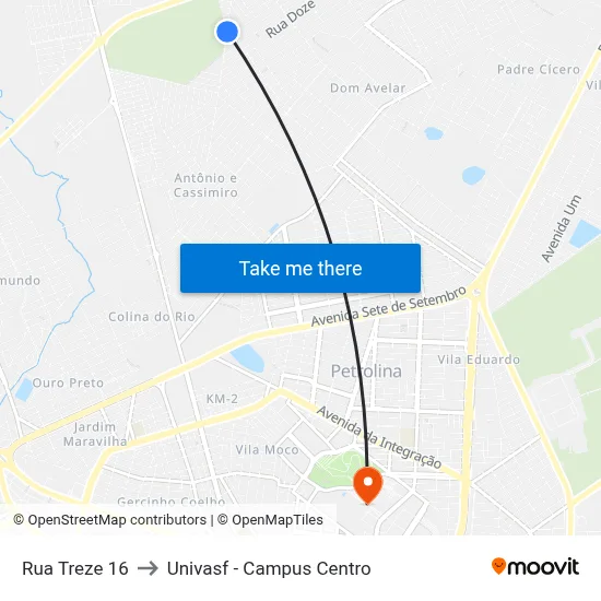 Rua Treze 16 to Univasf - Campus Centro map